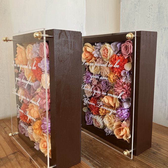 結婚式両親贈呈品 2個セット｜プリザーブドフラワーアレンジ 茶枠〈ピンクパープルオレンジペア〉文字入れ 4