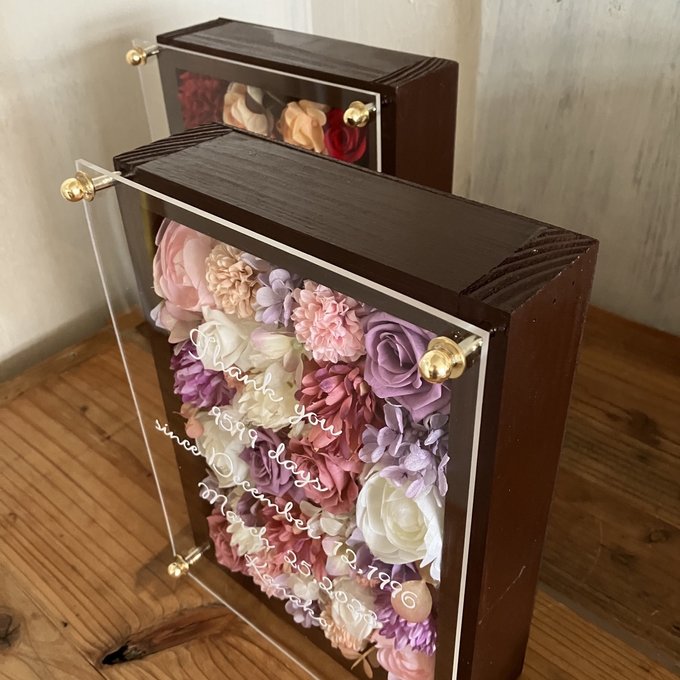 結婚式両親贈呈品 2個セット｜プリザーブドフラワーアレンジ 茶枠〈ピンクパープル白＆赤オレンジ〉文字入れ 4
