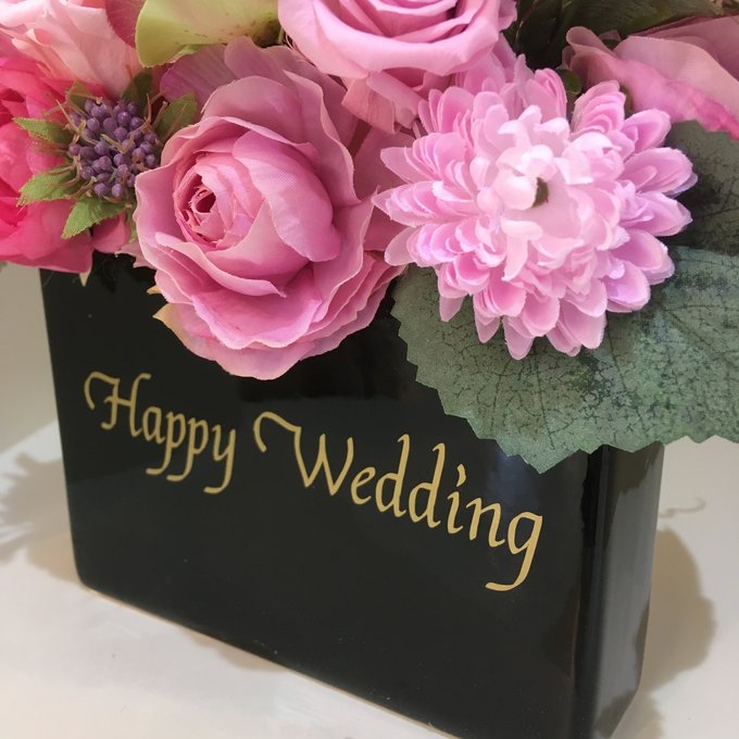 結婚祝い・退職祝いに｜プリザーブドフラワーアレンジ 長方形〈ピンク〉ゴールド文字入れ 2