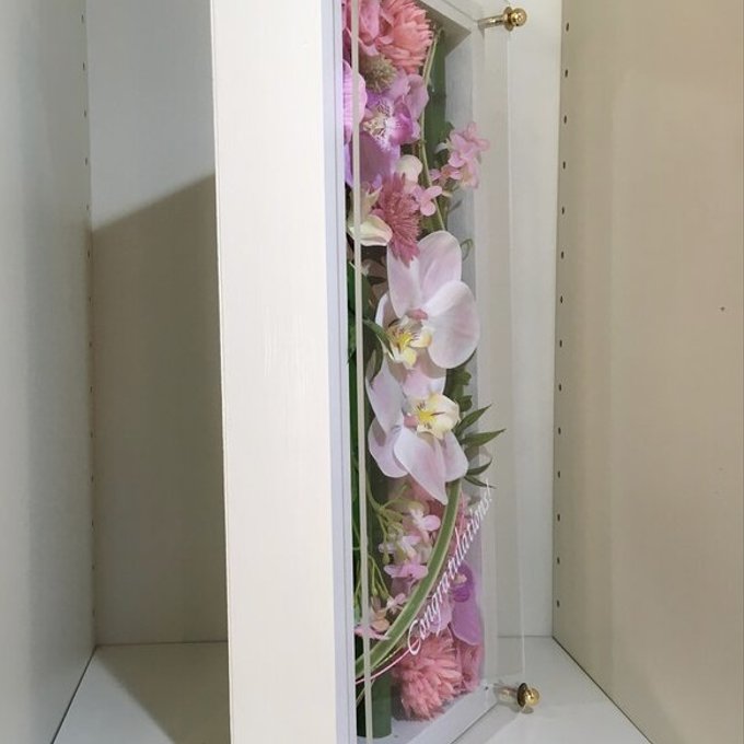 両親贈呈品・開店祝いに｜和風プリザーブドフラワーアレンジ 竹 白枠ロング〈ピンク〉文字入れ 4