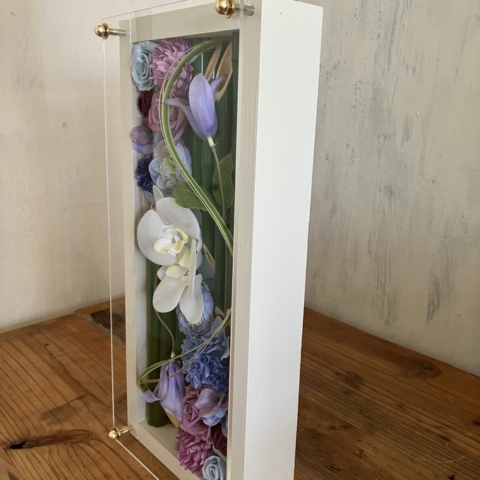 両親贈呈品・開店祝いに｜和風プリザーブドフラワーアレンジ 竹 白枠ロング〈青紫白〉文字入れ 4