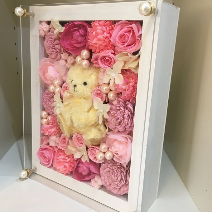結婚祝い・開店祝いに｜白枠ウッドフレームフラワーギフト〈PinkBear〉 3