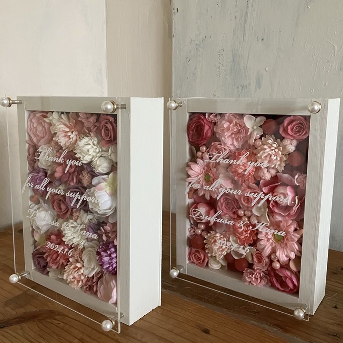 結婚式両親贈呈品 2個セット｜プリザーブドフラワーアレンジ 白枠〈ピンク＆ピンクパープル白〉文字入れ 4