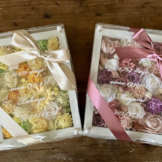 結婚式両親贈呈品 2個セット｜プリザーブドフラワーアレンジ 白枠〈レモンイエロー＆ピンクパープル白〉文字入れ 3
